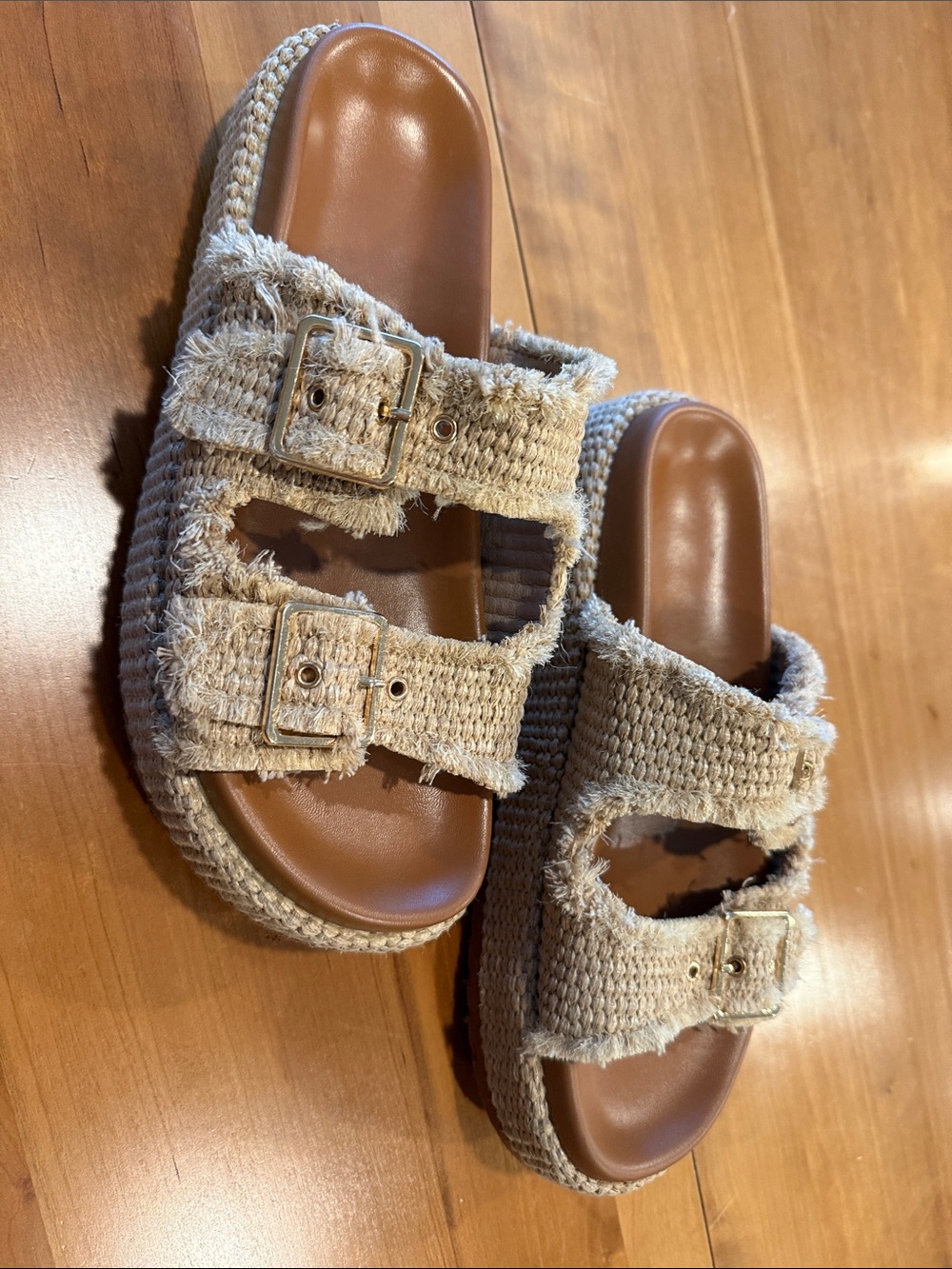 Boutique double-buckle platform sandals in a natural woven crochet style